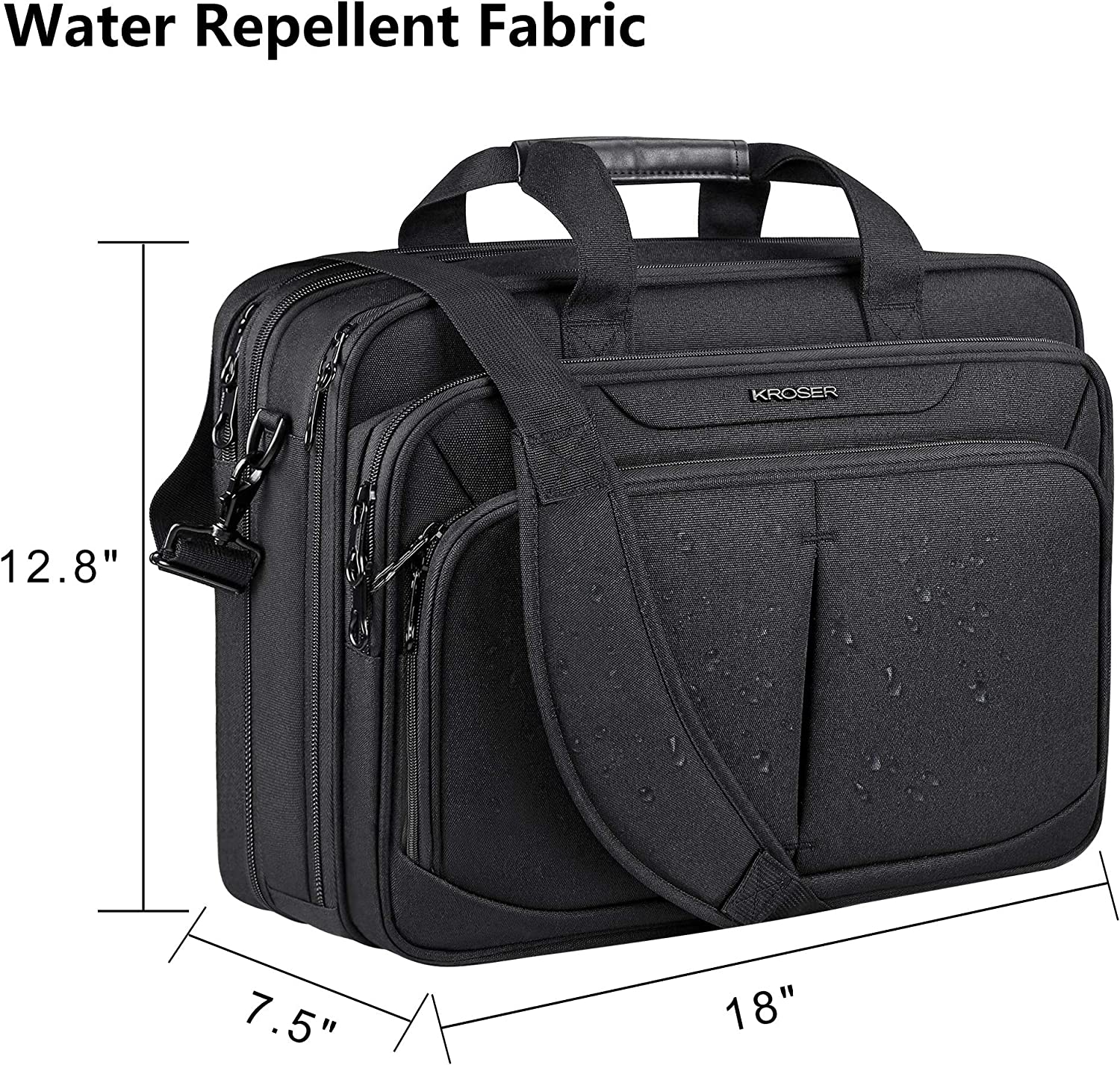 KROSER Laptop Bag Expandable Lightweight Briefcase for 17.3" Laptop Premium Business Work Bag Water-Repellent Messenger Bag with RFID Pockets for School/Travel/Women/Men-Black - Image 3
